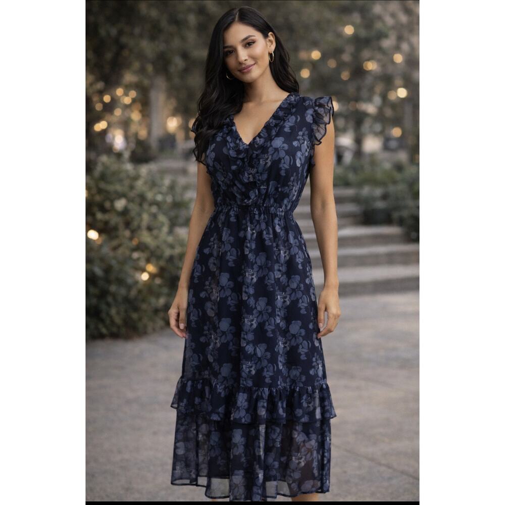 NWT- Banana Republic Navy Floral Midi Dress Ruffle Sleeve V-Neck Size XS